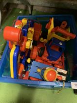 A QUANTITY OF TOYS TO INCLUDE WOODEN VEHICLES, A KIDDI TRUCK, KIDDICRAFT MASTER MECHANIC TOY, ETC.,