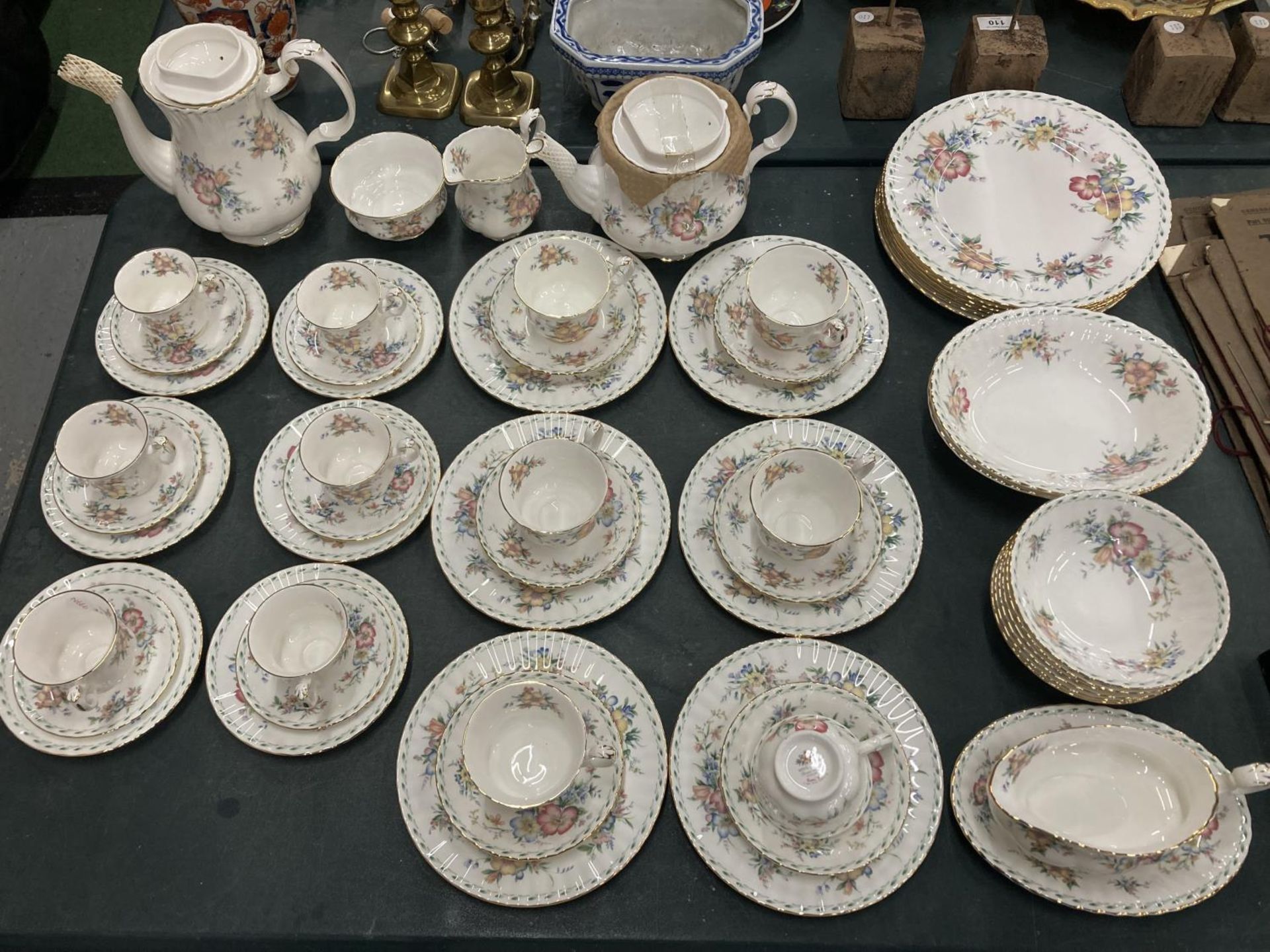 A LARGE QUANTITY OF ROYAL ALBERT 'CONSTANCE' TO INCLUDE A TEAPOT AND COFFEE POT, SIX COFFEE CUPS AND