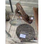 TWO VINTAGE BRASS SAFE PLAQUES AND A STANLEY WOOD PLANE