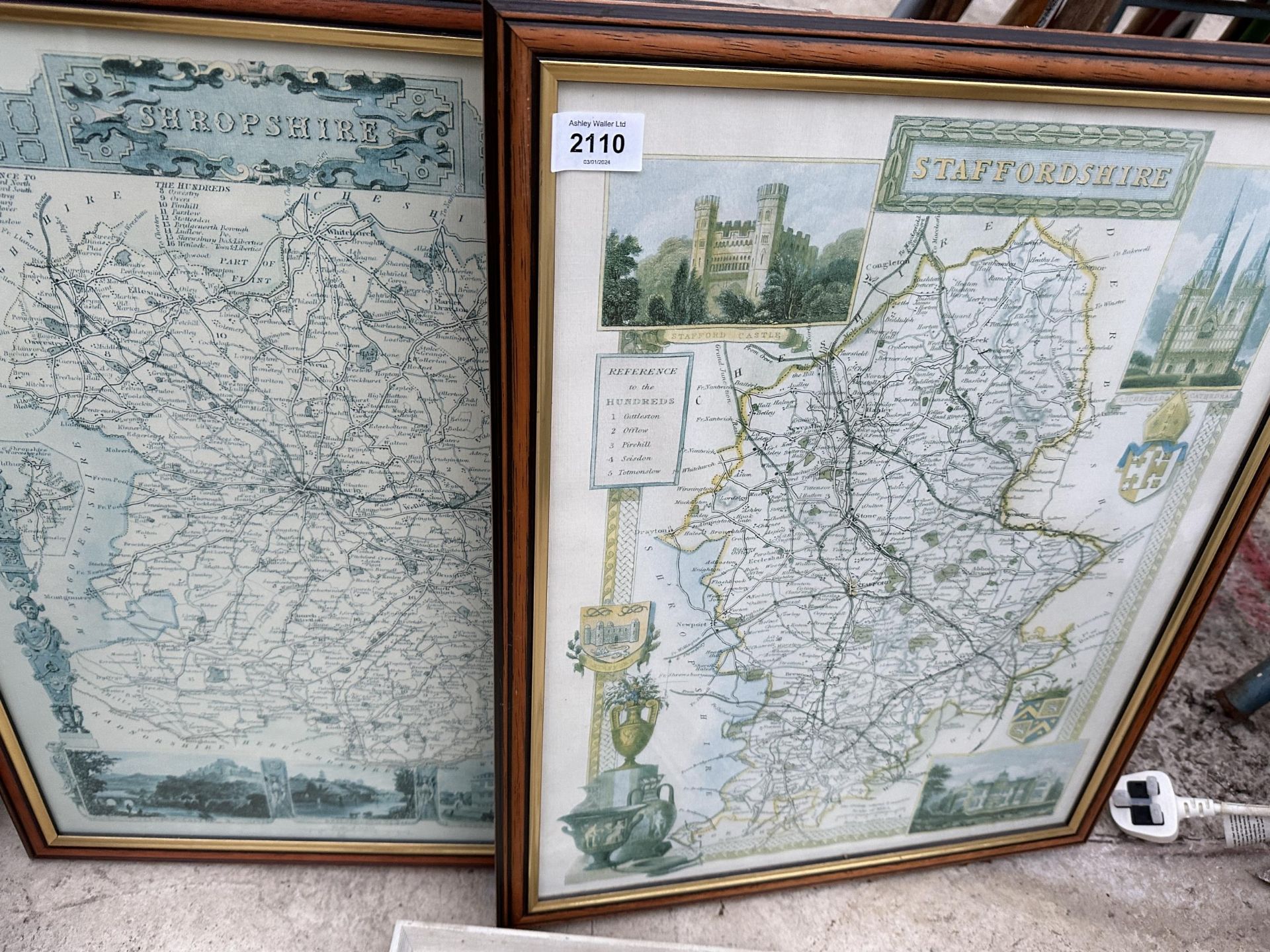 THREE FRAMED PRINTS TO INCLUDE A MAP OF STAFFORDSHIRE AND A MAP OF SHROPSHIRE ETC - Image 2 of 3