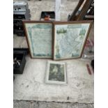 THREE FRAMED PRINTS TO INCLUDE A MAP OF STAFFORDSHIRE AND A MAP OF SHROPSHIRE ETC