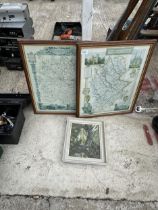 THREE FRAMED PRINTS TO INCLUDE A MAP OF STAFFORDSHIRE AND A MAP OF SHROPSHIRE ETC
