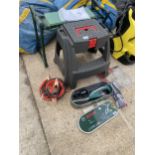 AN ASSORTMENT OF ITEMS TO INCLUDE JUMP LEADS, A BOSCH BATTERY EDGER AND A PARKSIDE SOLDERING IRON