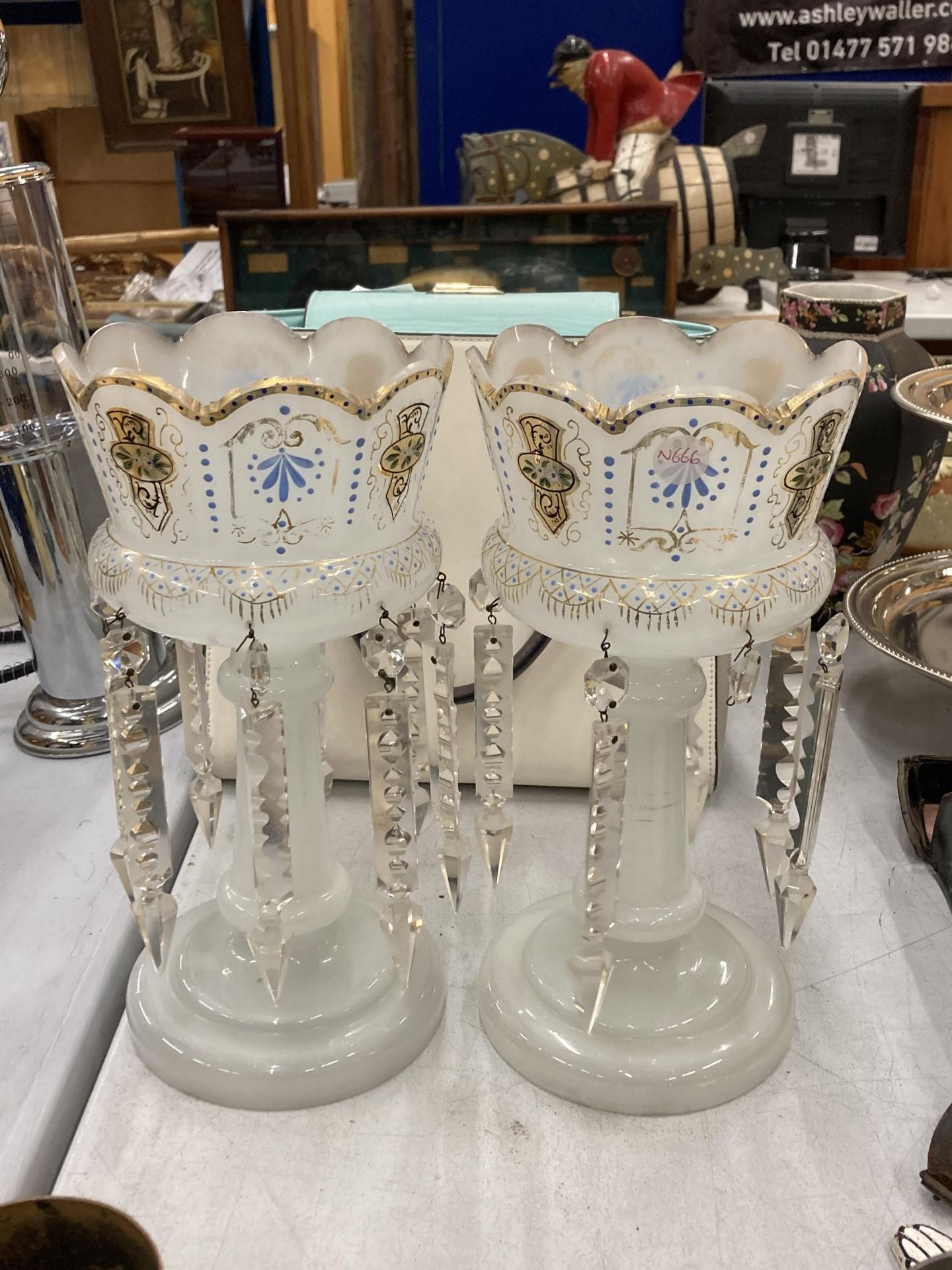 A PAIR OF VINTAGE OPAQUE GLASS LUSTRES WITH HANDPAINTED DECORATION AND CRYSTAL DROPLETS, HEIGHT 30CM