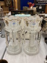 A PAIR OF VINTAGE OPAQUE GLASS LUSTRES WITH HANDPAINTED DECORATION AND CRYSTAL DROPLETS, HEIGHT 30CM