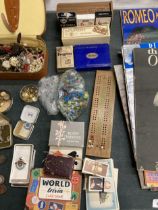 A COLLECTION OF VINTAGE GAMES, DOMINOES, CARDS, MARBLES ETC