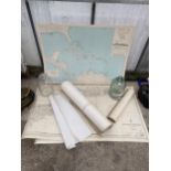 AN ASSORTMENT OF VINTAGE MAPS AND TWO GLASS DEMI JOHNS