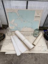 AN ASSORTMENT OF VINTAGE MAPS AND TWO GLASS DEMI JOHNS