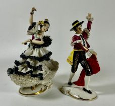 A PAIR OF VINTAGE ALKA DRESDEN LACE CONTINENTAL PORCELAIN FIGURES OF DANCERS