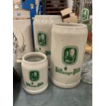 THREE LARGE STONEWARE BITBURGER STEINS, TALLEST 26CM