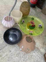 AN ASSORTMENT OF ITEMS TO INCLUDE LIGHT FITTINGS, SHADES AND BASKETS ETC