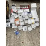 AN ASSORTMENT OF ELECTRICAL SOCKET BOXES AND PLUGS ETC