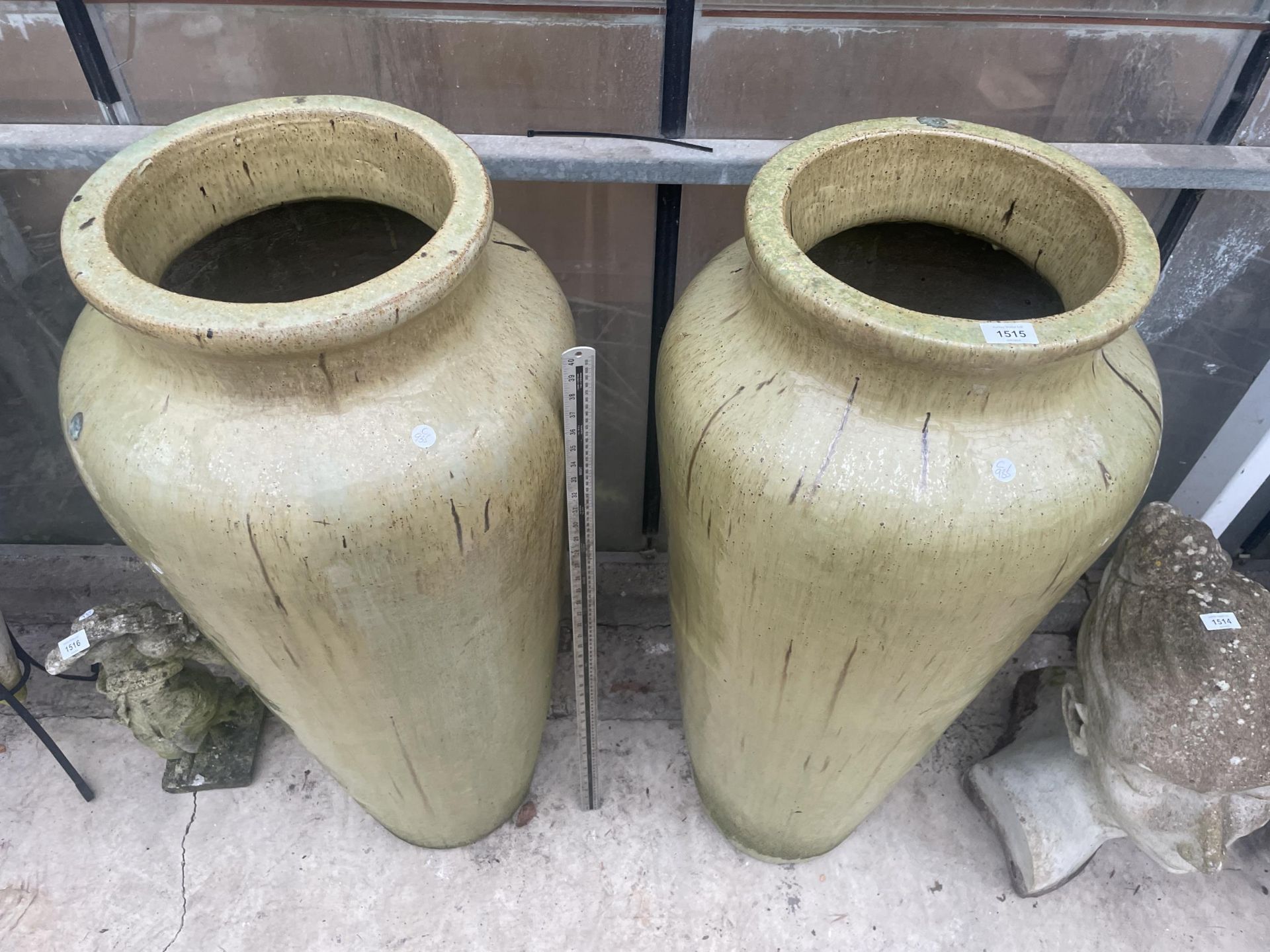 A PAIR OF GREEN GLAZED TERRACOTTA GARDEN POTS (H:110CM D:48CM) - Image 3 of 5