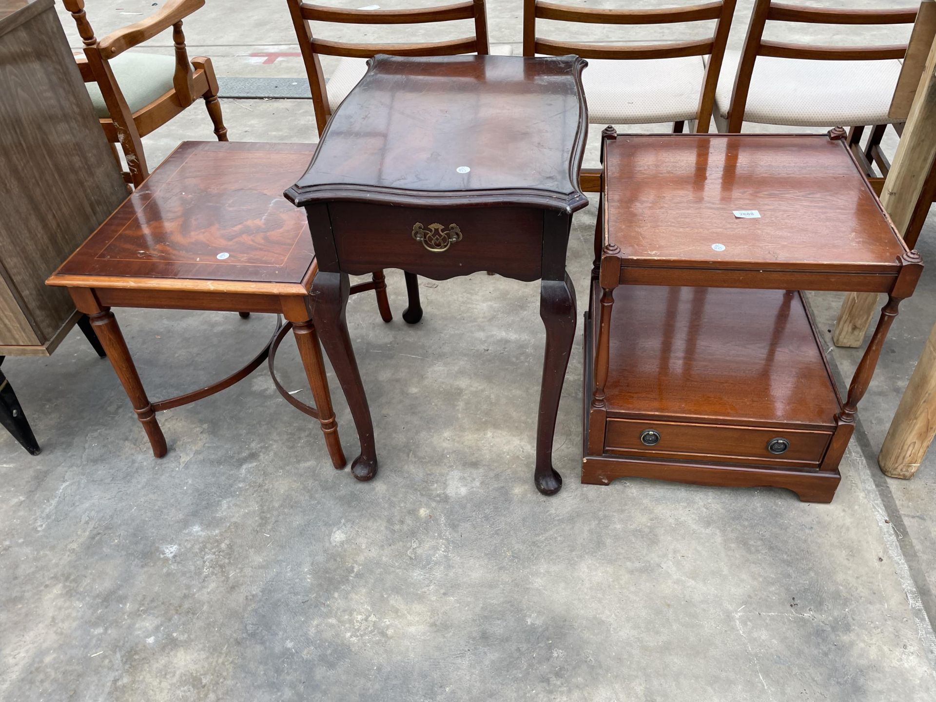 A TWO TIER MAHOGANY LAMP TABLE WITH DRAWER, SIMILAR TABLE AND SMALL OCCASIONAL TABLE ON TURNED LEGS