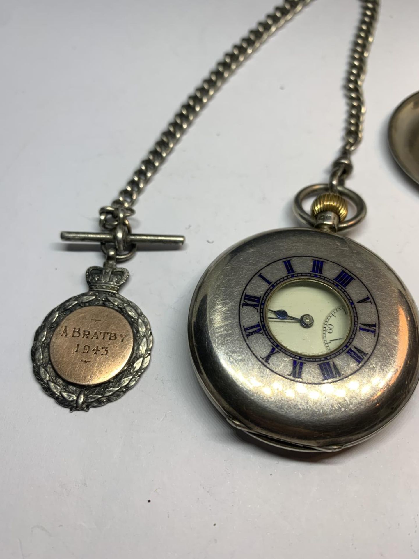 TWO ITEMS TO INCLUDE A HALLMARKED LONDON SILVER MILITARY POCKET WATCH WITH ENGRAVING, ON AN ALBERT - Image 2 of 9