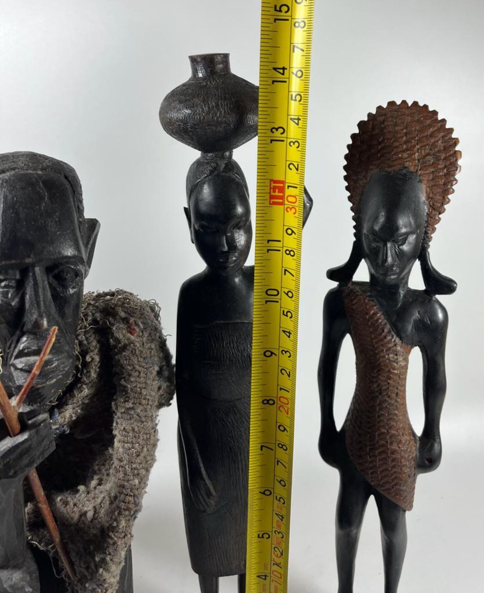 A GROUP OF THREE VINTAGE CARVED TRIBAL AFRICAN HARDWOOD FIGURES, HEIGHT 37 CM - Image 4 of 4