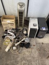 AN ASSORTMENT OF ITEMS TO INCLUDE EXTENSION LEADS, COMPUTER TOWERS AND A FAN ETC
