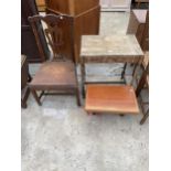 A SMALL OAK OCCASIONAL TABLE, SMALL LOW MAHOGANY COFFEE TABLE ND CHIPPENDALE STYLE CHAIR