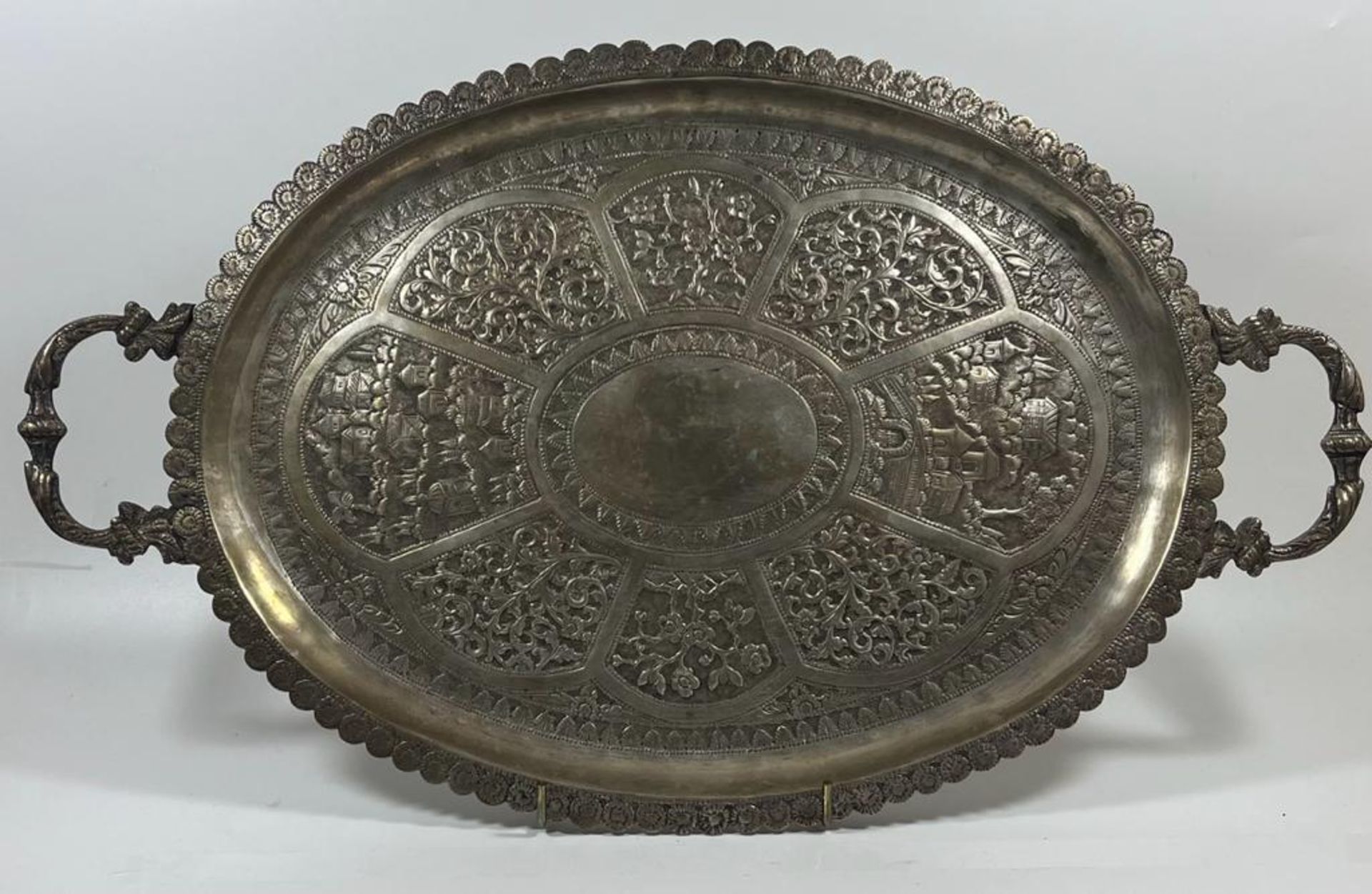 A LARGE POSSIBLY INDIAN TWIN HANDLED WHITE METAL TRAY, UNMARKED BUT LOOKS FINE QUALITY, LENGTH 47 CM