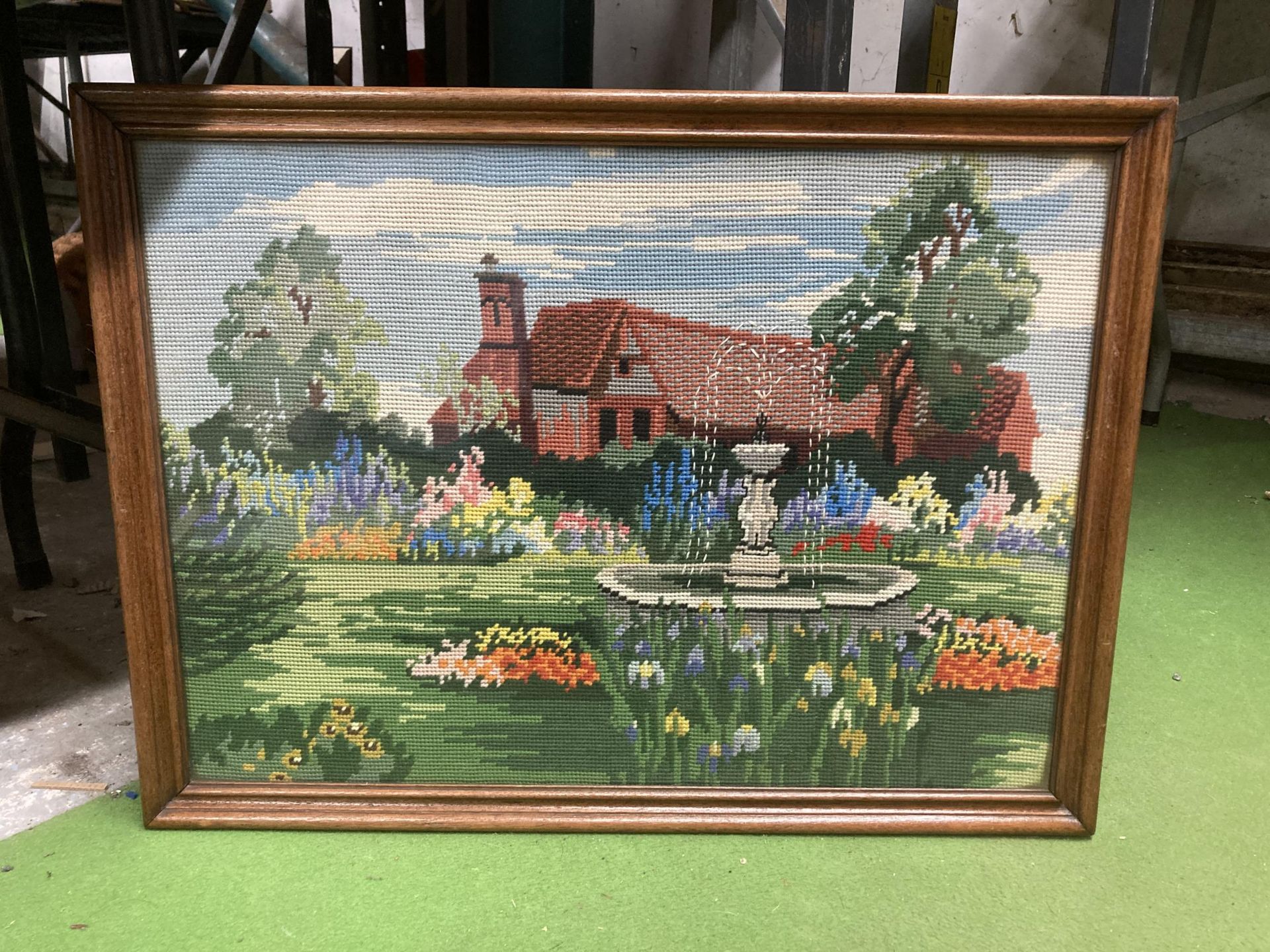 A LARGE FRAMED TAPESTRY OF A COUNTRY GARDEN SCENE TOGETHER WITH AN OIL ON BOARD WINTER SCENE AND - Bild 4 aus 4