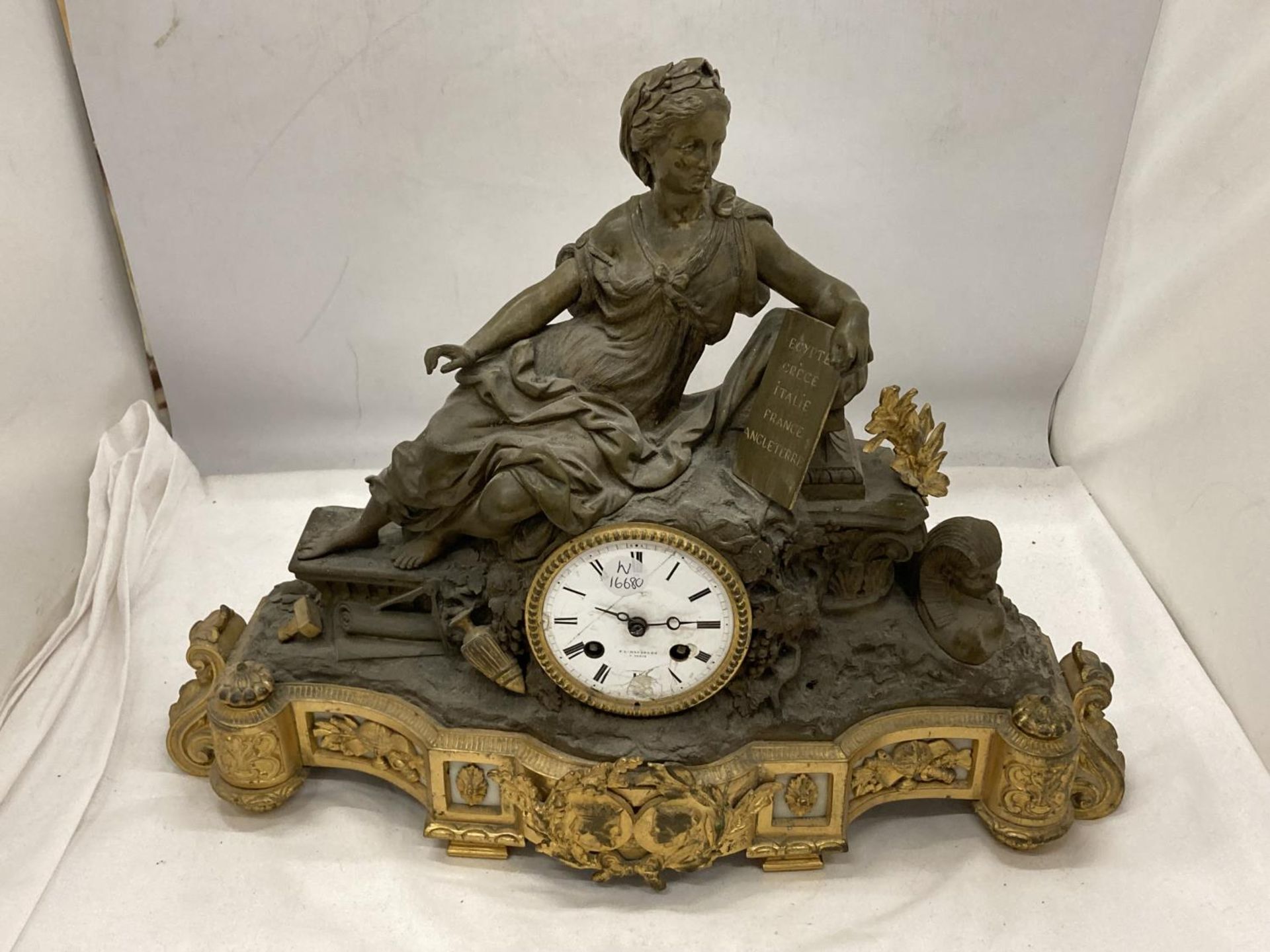 AN ORNATE FRENCH MANTLE CLOCK BY V L HAUSBERG PARIS WITH A LADY HOLDING LIST OF COUNTIRES - EGYPT, - Image 2 of 7