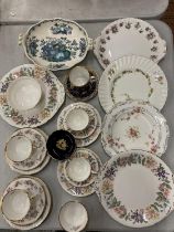 A LARGE QUANTITY OF VINTAGE CHINA TEAWARE TO INCLUDE PARAGON TRIOS, CAKE PLATE AND SUGAR BOWL,