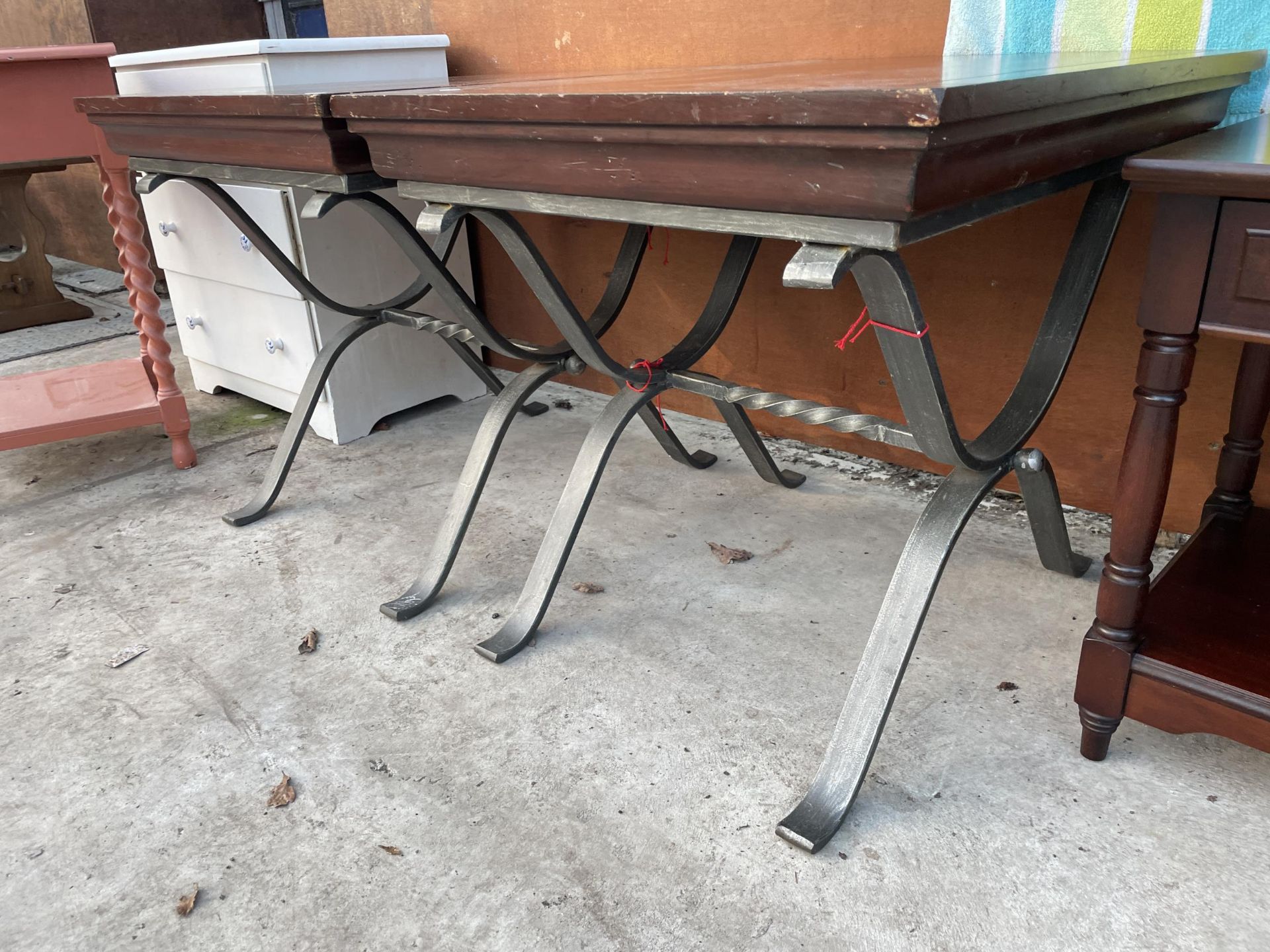 A PAIR OF HARDWOOD LAMP TABLES, 28 X 24" EACH, ON METALWARE X-FRAMES - Image 3 of 3