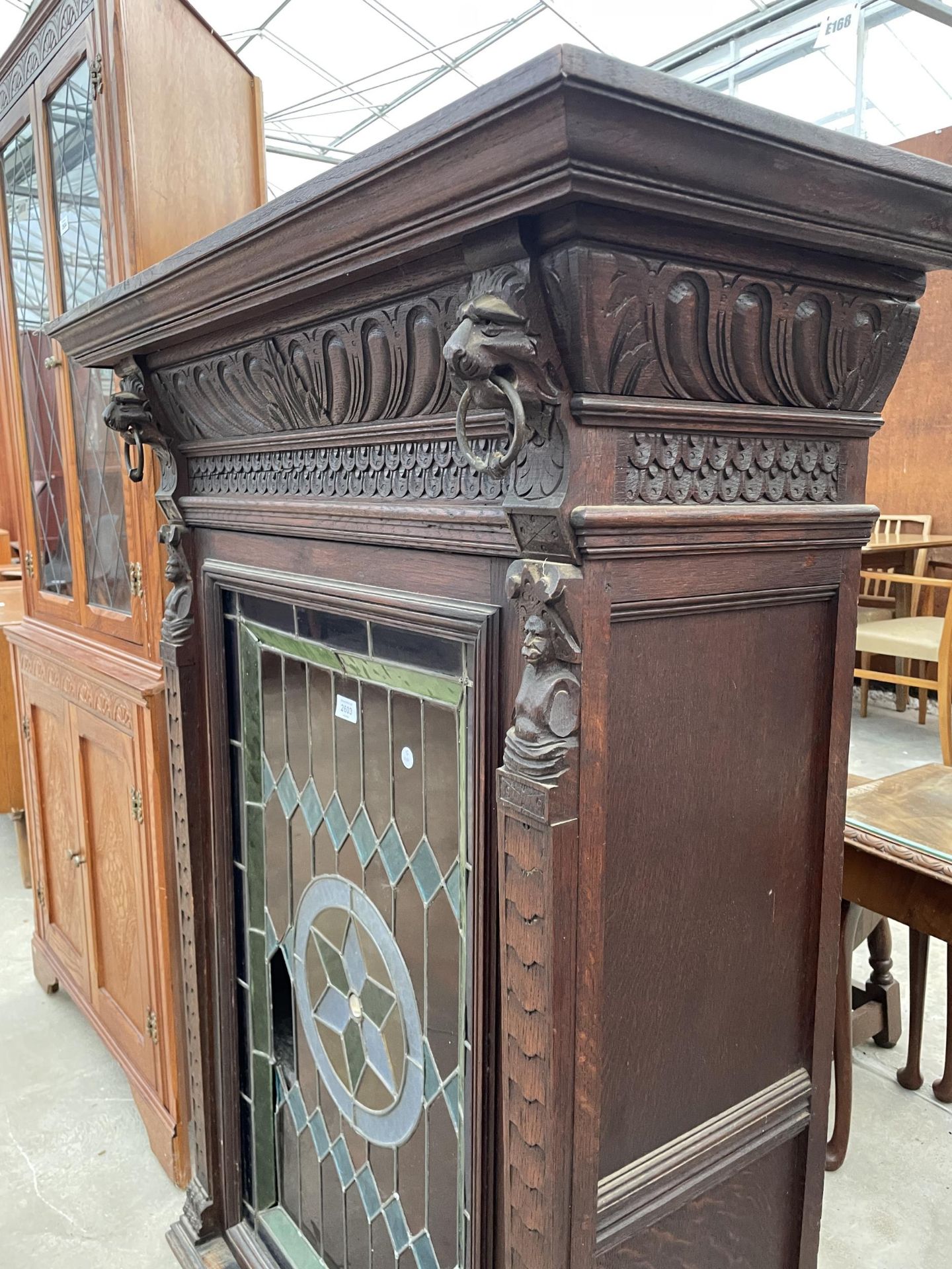 A VICTORIAN GOTHIC OAK CABINET WITH COLOURED GLASS AND LEADED DOOR, 38" WIDE - Bild 3 aus 7