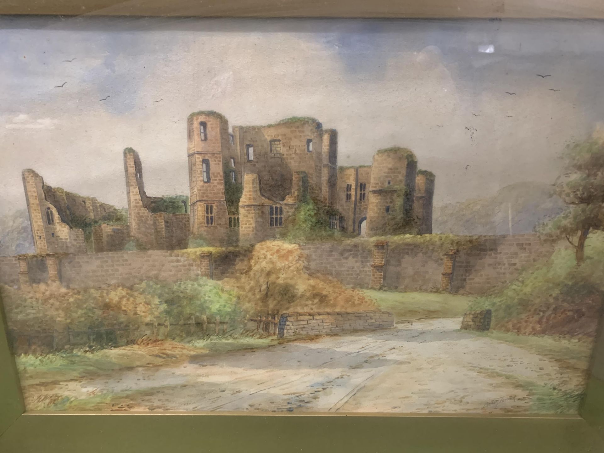 A FRAMED WATERCOLOUR ON BOARD OF A RUIN OF A CASTLE WITH SIGNATURE - Image 2 of 3