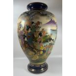 A HUGE ANTIQUE JAPANESE SATSUMA BALUSTER FORM VASE WITH HAND PAINTED FIGURAL SCENES WITH GILT BANDED