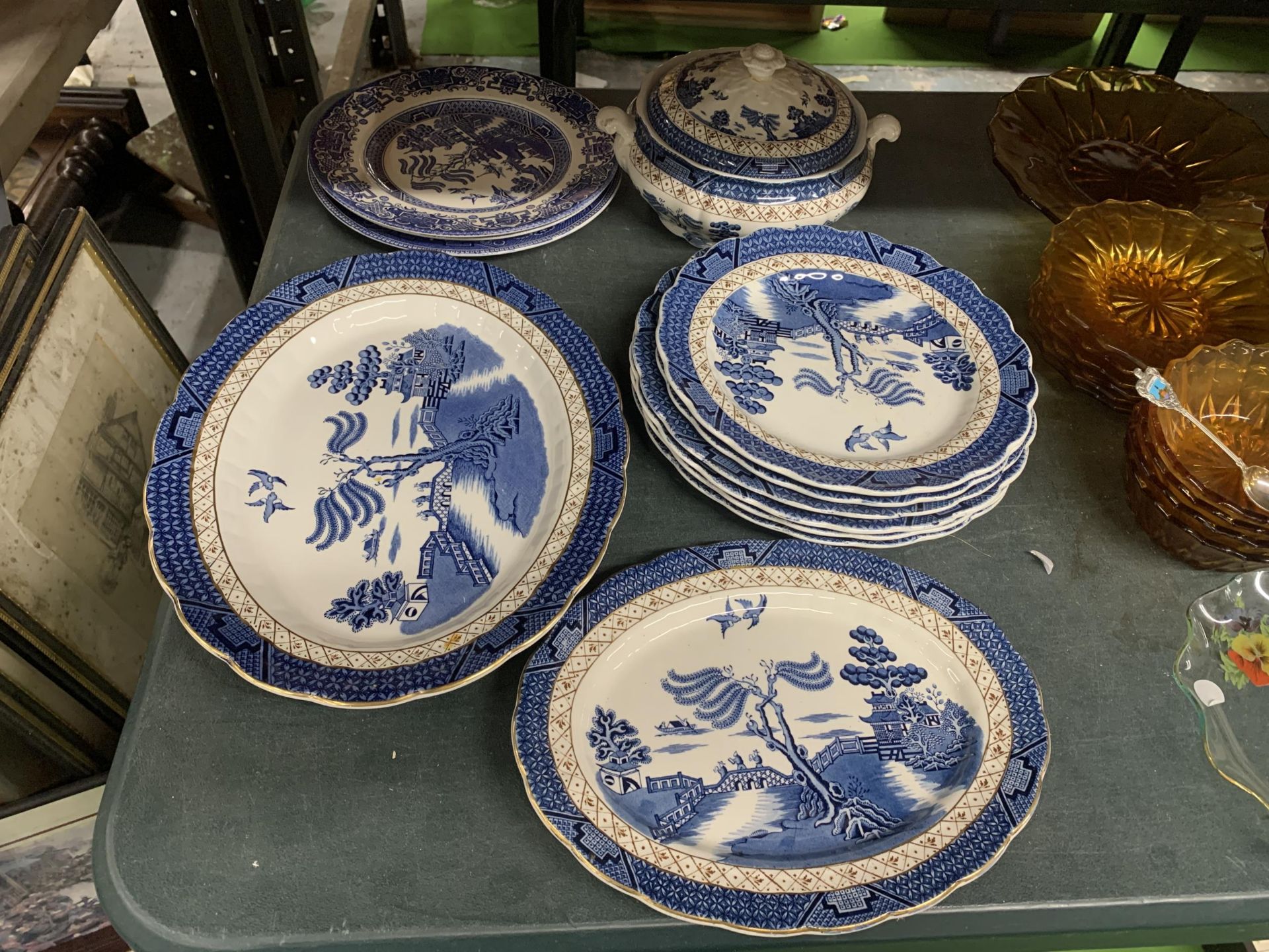 A REAL OLD WILLOW BLUE AND WHITE PART DINNER SERVICE TOGETHER WITH ENGLISH IRONSTONE TABLEWARE