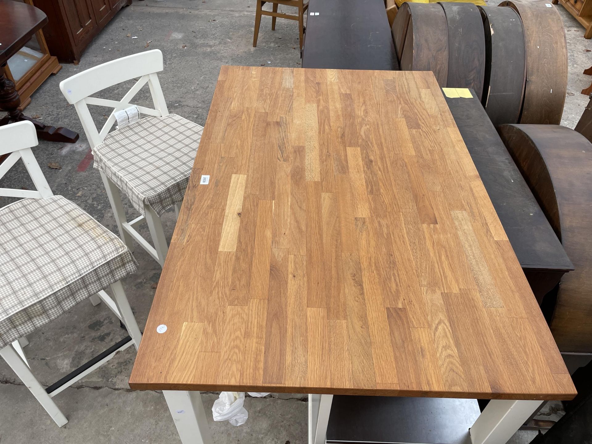 AN IKEA ELSEBET KITCHEN HIGH TABLE WITH WOODBLOCK TOP, 50 X 31", TWO METAL SHELVES AND A PAIR OF - Image 4 of 6