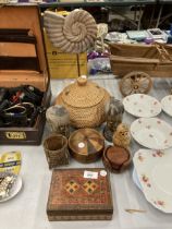 A QUANTITY OF TREEN ITEMS TO INCLUDE BOXES, A LIDDED BASKET, SHELL SCULPTURE, RUSSIAN DOLLS, FOREIGN