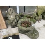 THREE VARIOUS CONCRETE GARDEN ITEMS TO INCLUDE A BOOT PLANTER AND AN EAGLE ETC