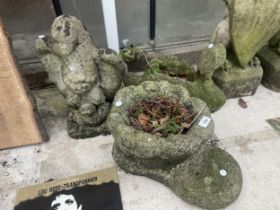 THREE VARIOUS CONCRETE GARDEN ITEMS TO INCLUDE A BOOT PLANTER AND AN EAGLE ETC