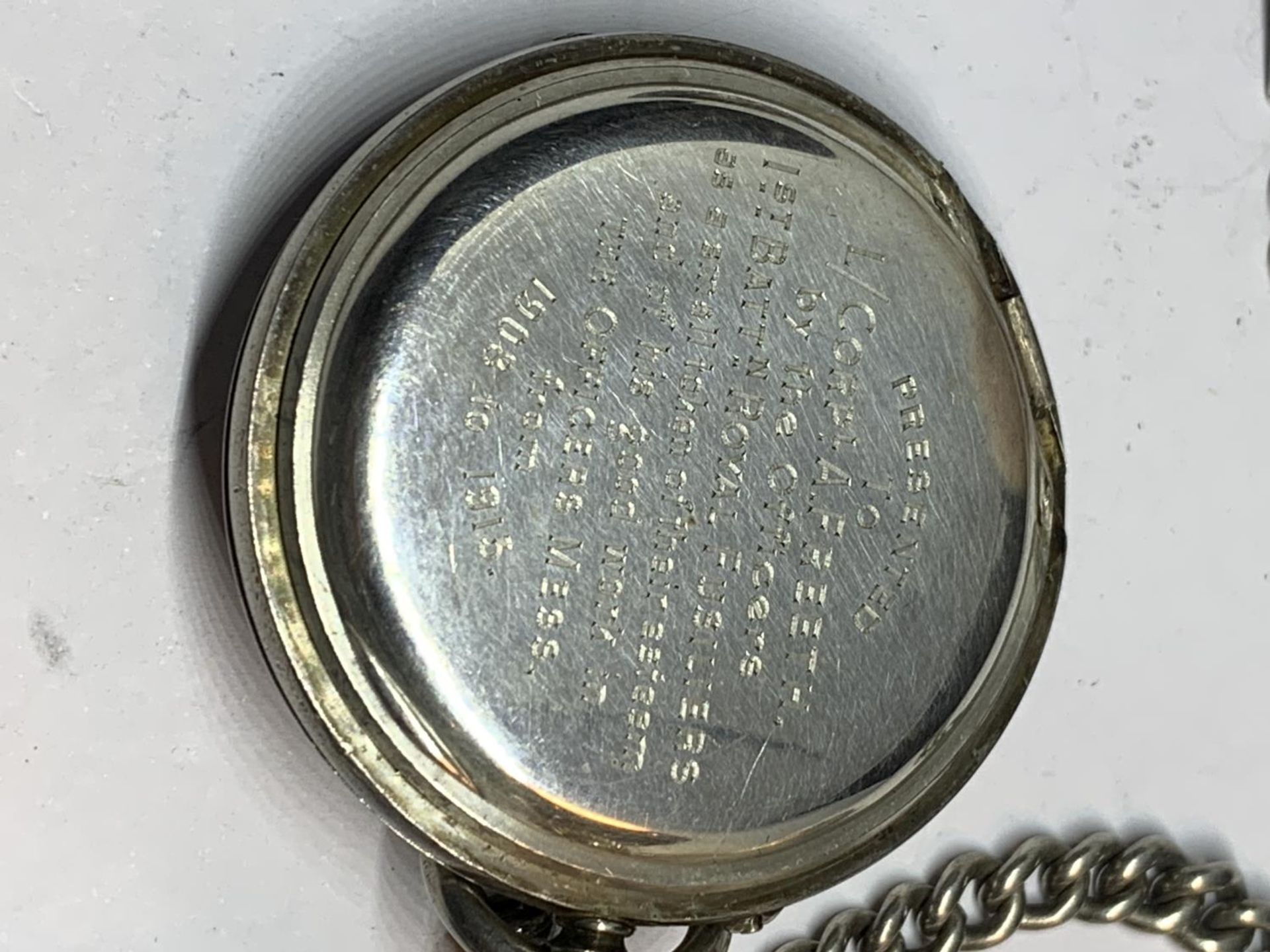 TWO ITEMS TO INCLUDE A HALLMARKED LONDON SILVER MILITARY POCKET WATCH WITH ENGRAVING, ON AN ALBERT - Image 4 of 9