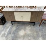 A RETRO CREAMY WALNUT SIDEBOARD WITH FOUR SLIDING DOORS, ON BLACK LEGS AND BASE, 60" WIDE