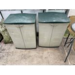 TWO PLASTIC GARDEN STORAGE CUPBOARD WITH TWO DOORS AND ENCLOSING SHELVES