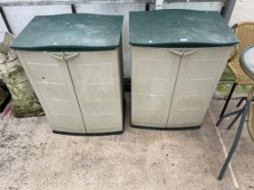 TWO PLASTIC GARDEN STORAGE CUPBOARD WITH TWO DOORS AND ENCLOSING SHELVES