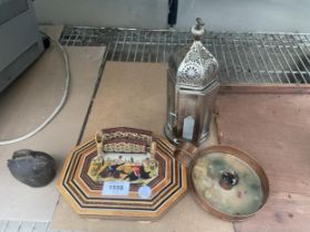 AN ASSORTMENT OF ITEMS TO INCLUDE AN INLAID DESK TIDY, AND TWO CANDLE HOLDERS ETC