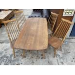 AN ERCOL BLONDE ELM AND BEECH DINING TABLE, 60 X 30" AND FOUR GOLDSMITH CHAIRS