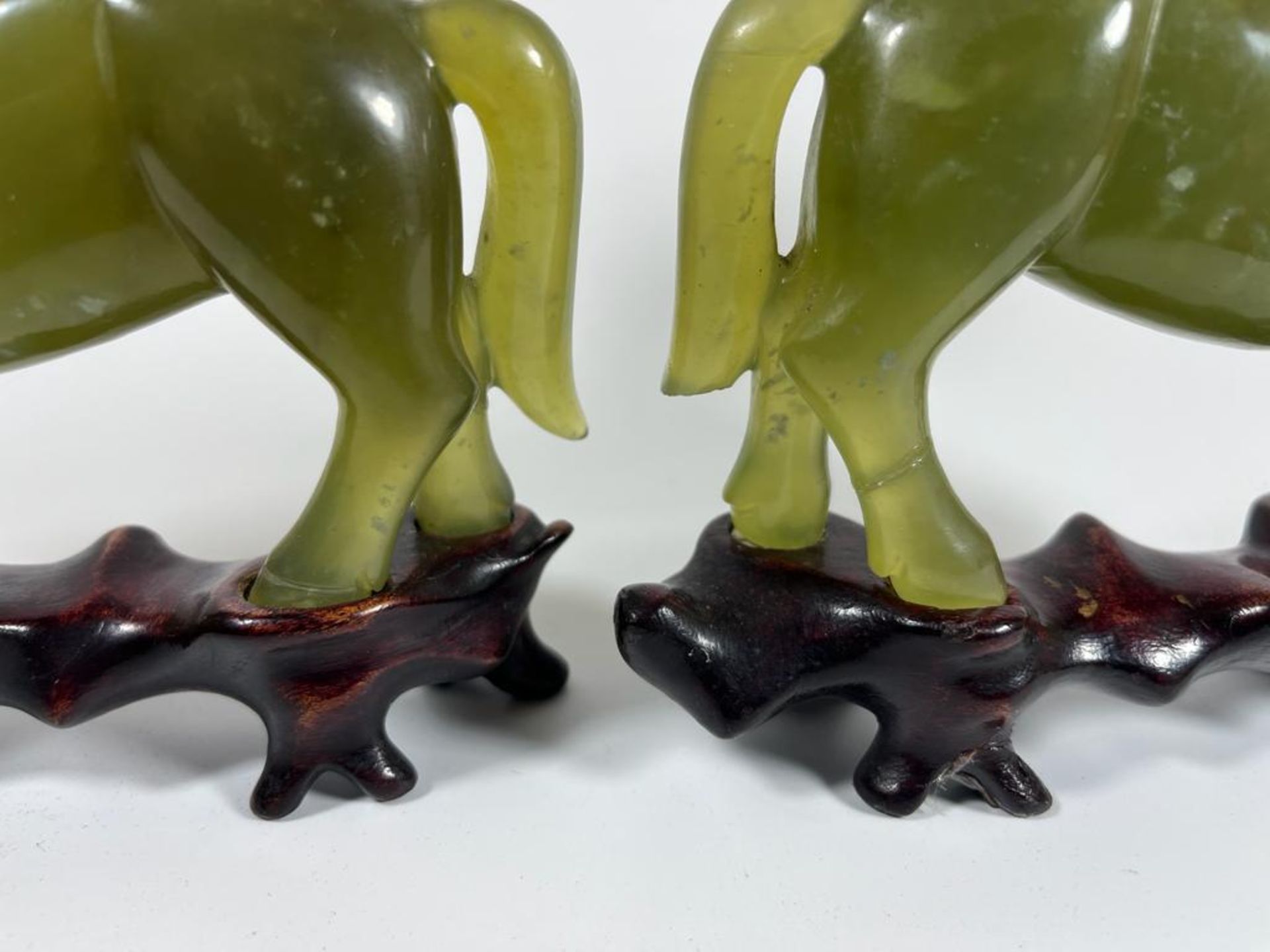 A PAIR OF JADE STYLE HARDSTONE HORSES ON CARVED WOODEN BASES, HEIGHT 12 CM - Image 3 of 6