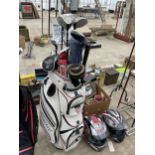 A MOTORCADDY GOLF BAG AND CLUBS TO INCLUDE A KING COBRA DRIVER AND A HIPPO DRIVER AND WOODS