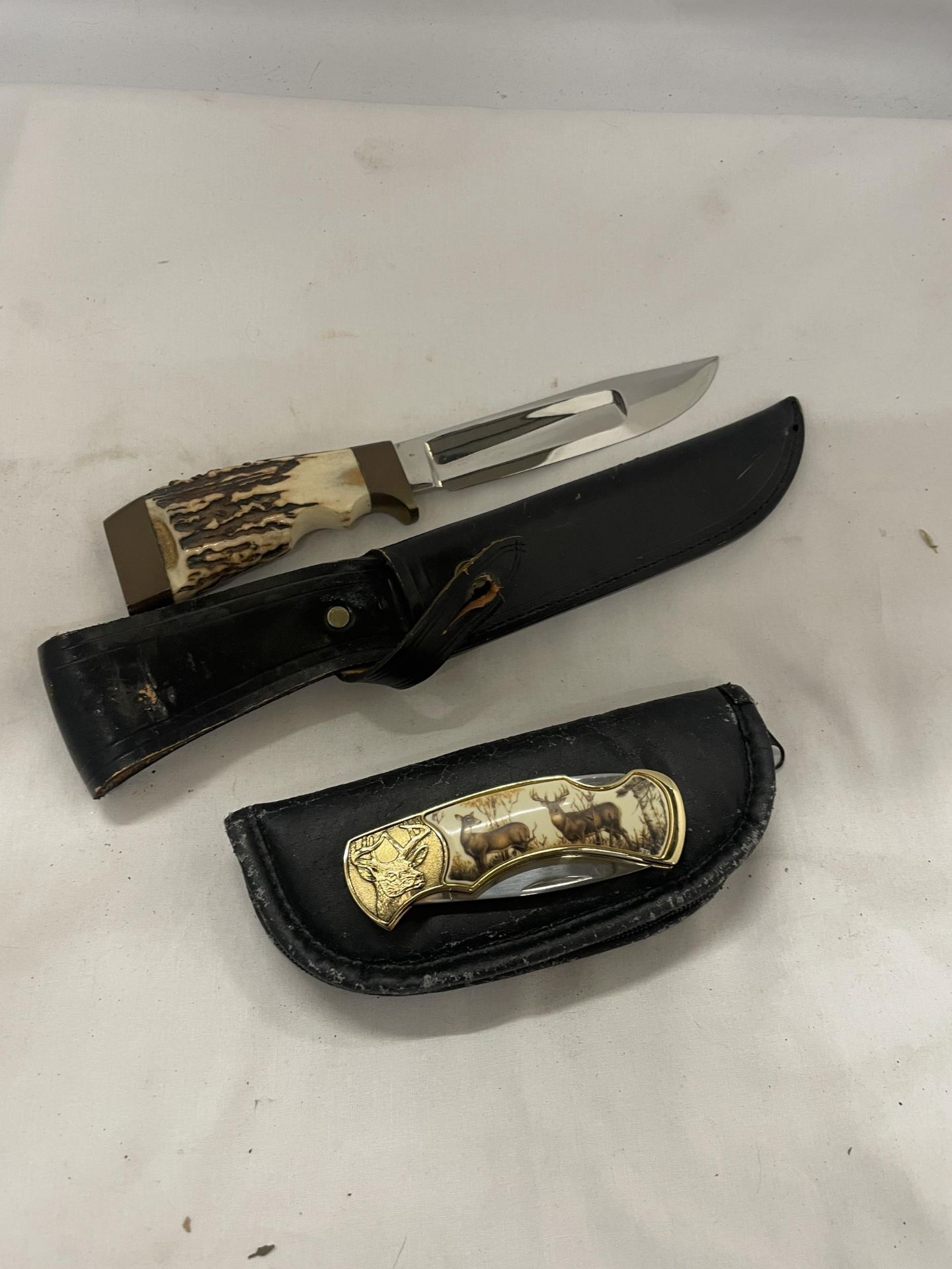 TWO CASED KNIVES TO INCLUDE A BONE HANDLED HUNTING KNIFE AND A DECORATIVE STAG DESIGN POCKET KNIFE