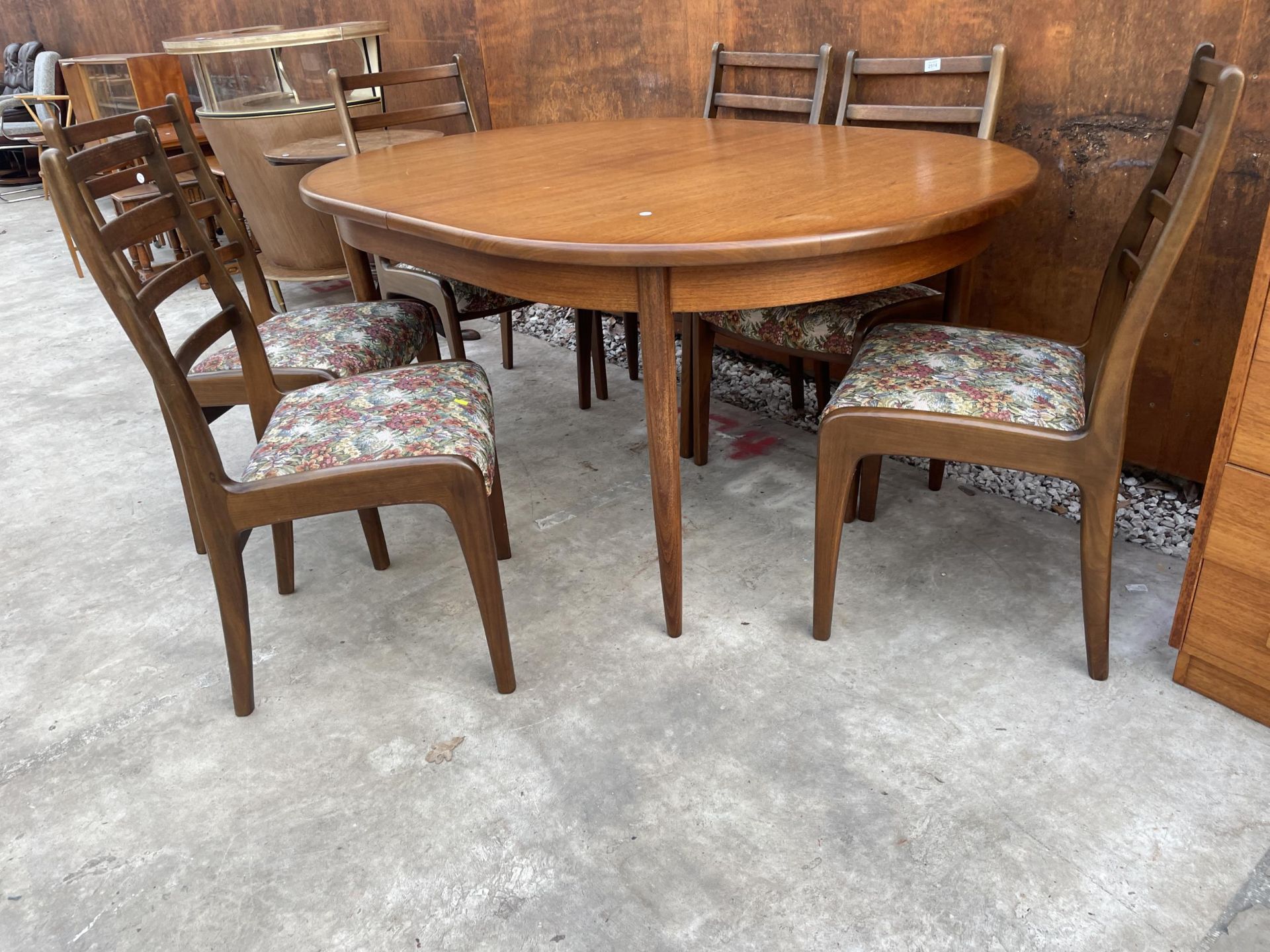 A G-PLAN RETRO TEAK EXTENDING DINING TABLE, 64 X 44" (LEAF 18") AND SIX LADDERBACK DINING CHAIRS - Image 3 of 7