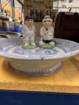 THREE ITEMS TO INCLUDE HP CRICKETER CONIMENTS AND A VINTAGE BLUE AND WHITE FOOTED PLATE