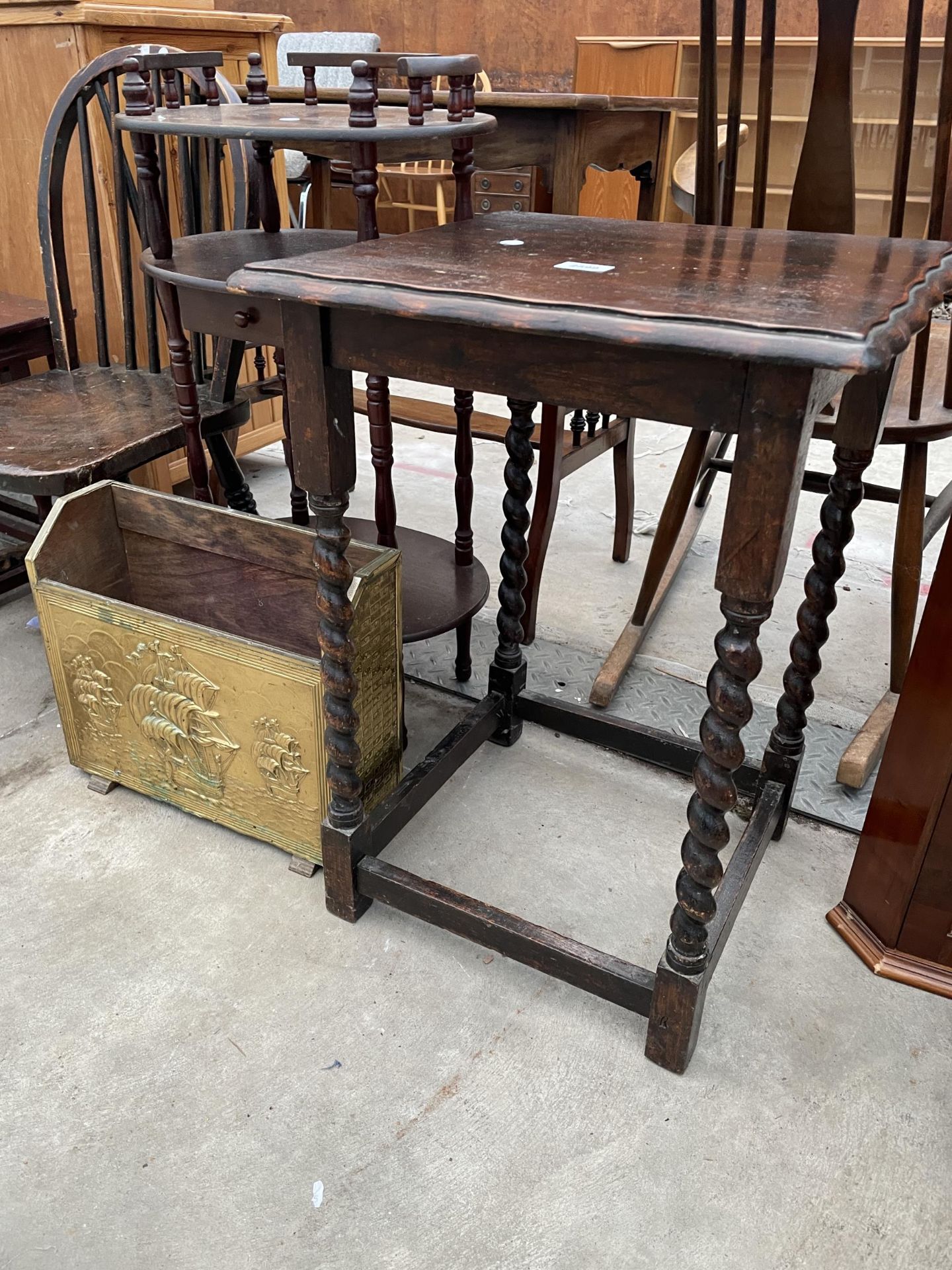 AN OAK BARLEYTWIST OCCASIONAL TABLE, TELEPHONE TABLE, BRASS MAGAZINE RACK, NEST OF TWO TABLES AND - Image 2 of 3