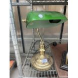 A VINTAGE BRASS BANKERS LAMP WITH GREEN GLASS SHADE