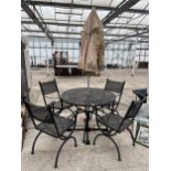 A METAL GARDEN TABLE AND FOUR CHAIRS TO INCLUDE A PARASOL AND BASE