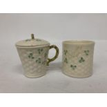 A BELLEEK IRISH SHAMROCK BASKETWEAVE LIDDED JAMPOT TOGETHER WITH A BASKETWEAVE MUG